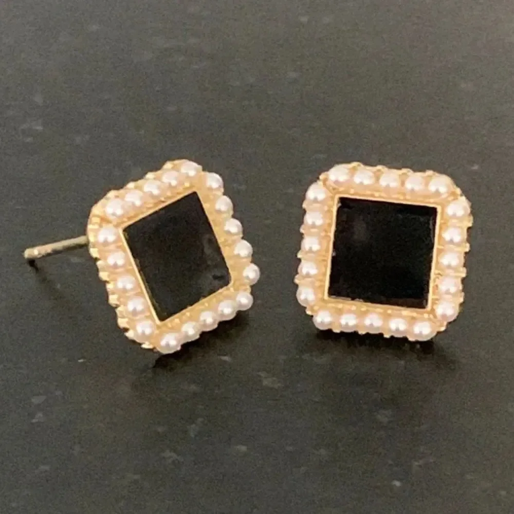 Onyx Black Square Studs with Faux Pearl Border